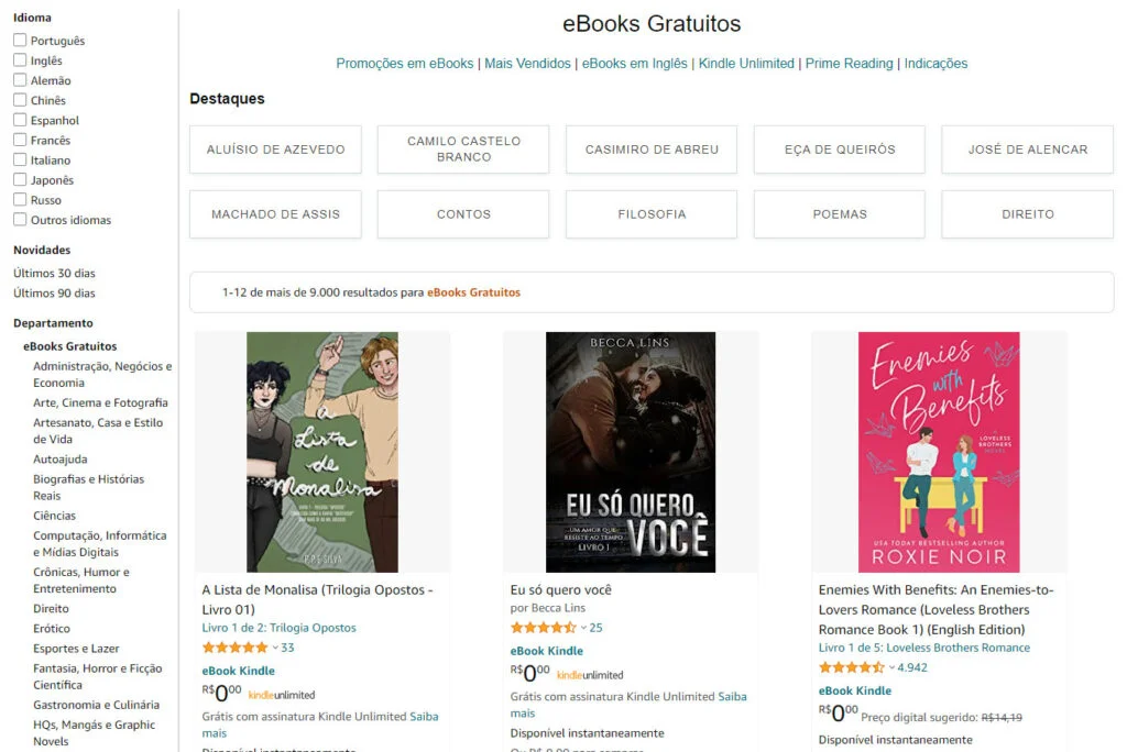 Site Amazon - página de ebooks